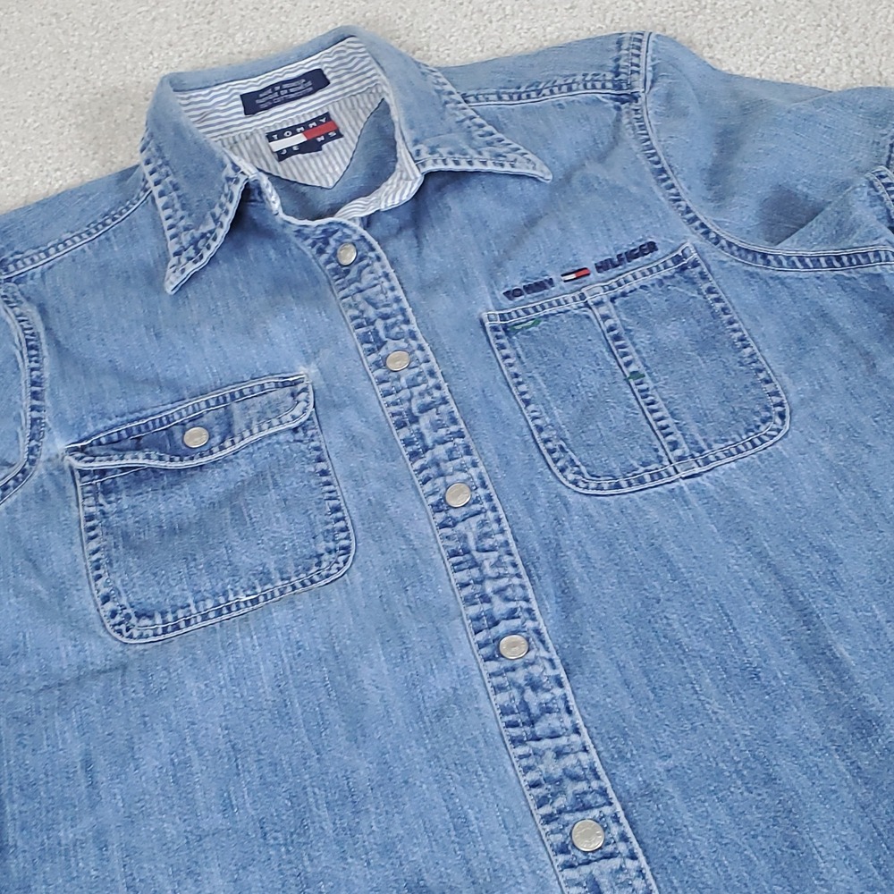Tommy Hilfiger Jeans Women 10 Blue Short Sleeve Denim Button Up Shirt